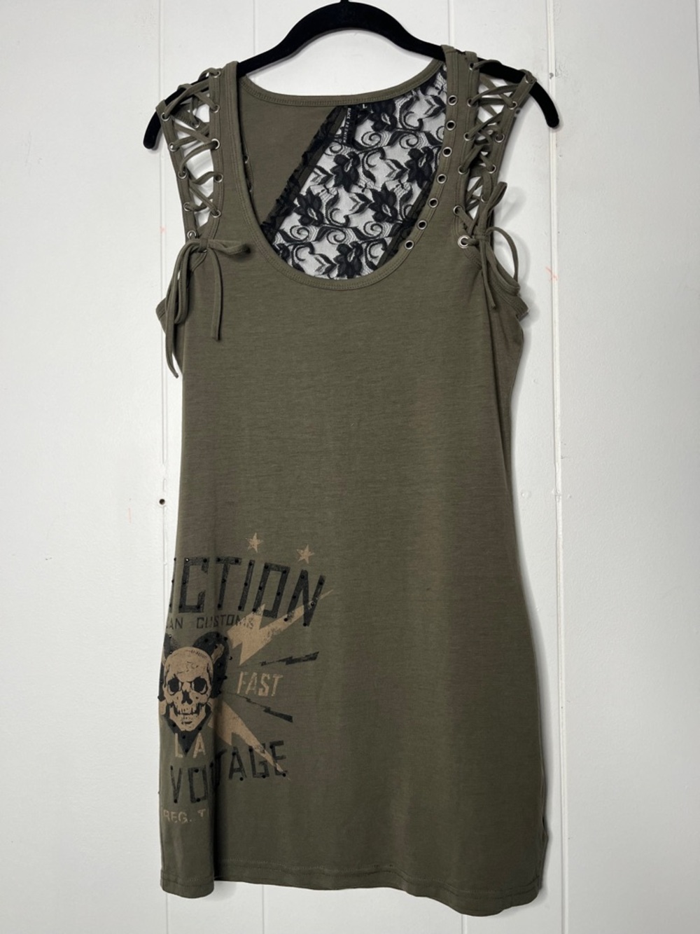 Affliction Olive Lace-Accent Sleeveless Tank Dress Size L Grunge Punk Edgy